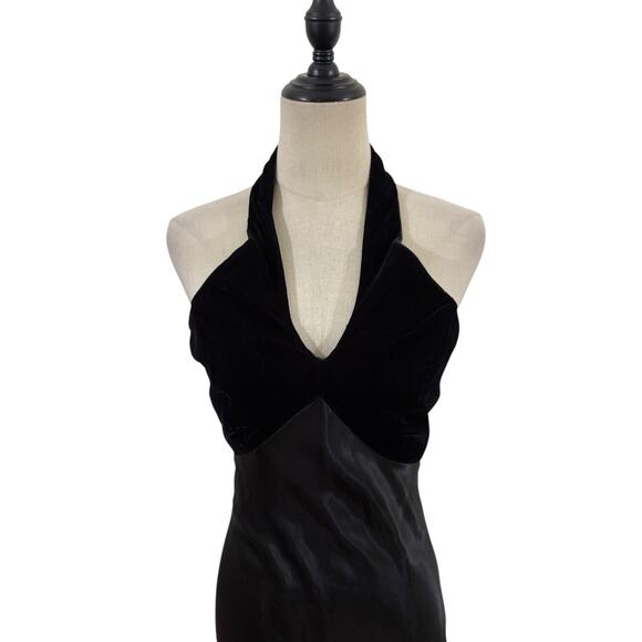 Vtg 90s LA Glo Black Velvet & Satin Halter Slip Maxi Gown Dress Sz 7 Glam Goth - Picture 2 of 8
